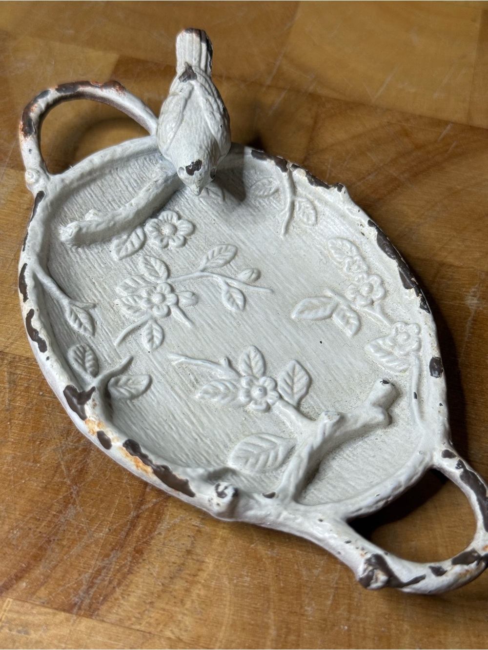 Vintage Cast Iron Bird Trinket Dish | Floral Leaf Design | Rustic Cottage Decor
